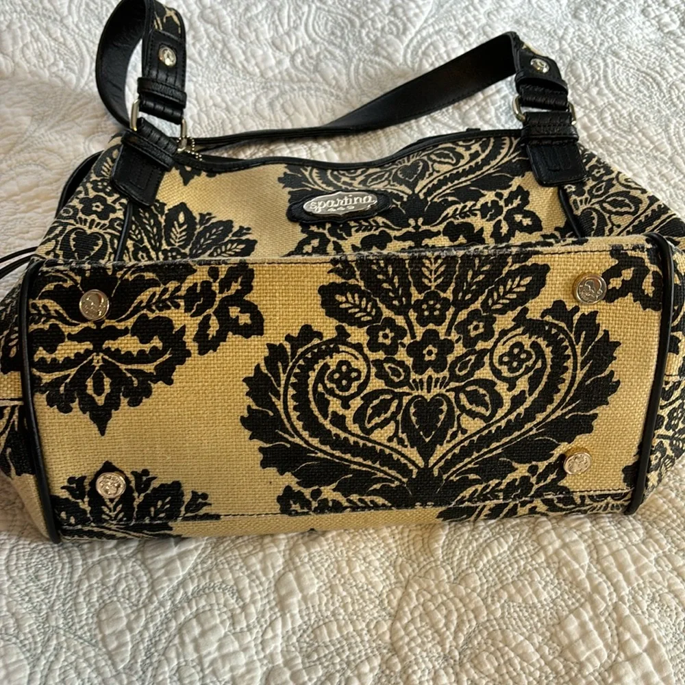 Spartina 449 Tan Linen & Black Leather Shoulder Hobo Bag